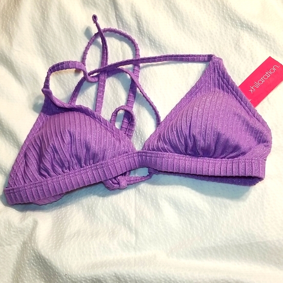 NWT PURPLE GLITTER DETAIL CROSS BACK TIE SWIMSUIT SWIM BRA TOP - Picture 1 of 4